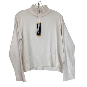 DKNY Womens Quarter Zip Sweater Cream Ribbed Knit Mock Neck Pullover Medium